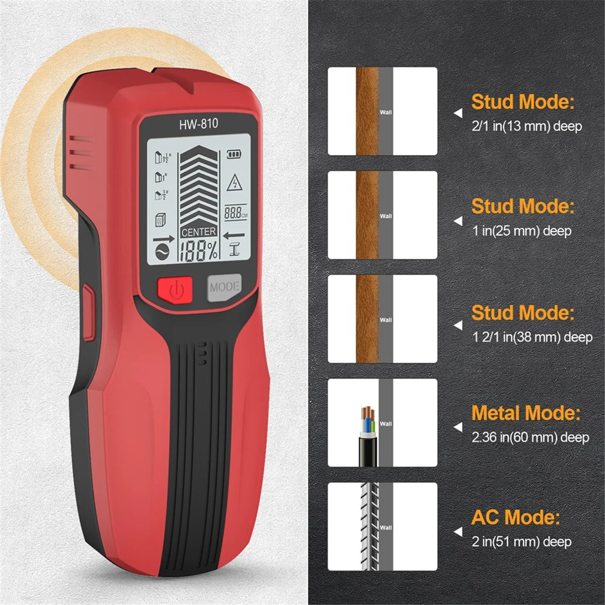 AA98 Wall Scanner Metal Detector Electric Metal Wood Studs AC Live Wires Finder with LCD Display Screen Red