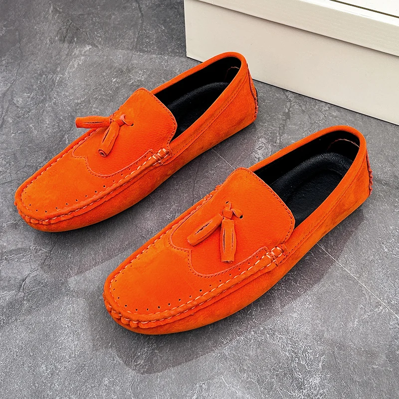 

Hot Sale Men Casual Shoes Fashion Orange Flats Loafers Men Leather Moccasins Comfort Slip-On Men's Shoes Male Driving Footwear