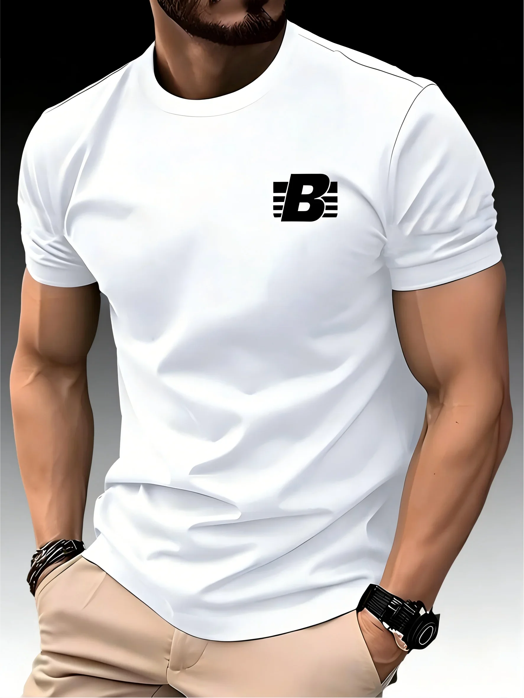 Men's Round Neck Short Sleeve T-shirt, Striped B Print, Quick Dry Breathable Thin Top, Summer Running Fitness Sports Tee