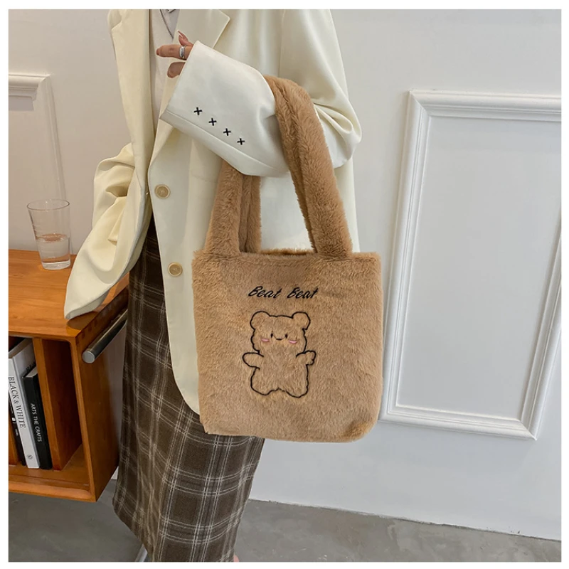 Women Plush Shoulder Bag Warm Cloth Fabric Handbag Soft Canvas Tote Large Capacity Shopper Bags Cute Bear Book Bags For Girls