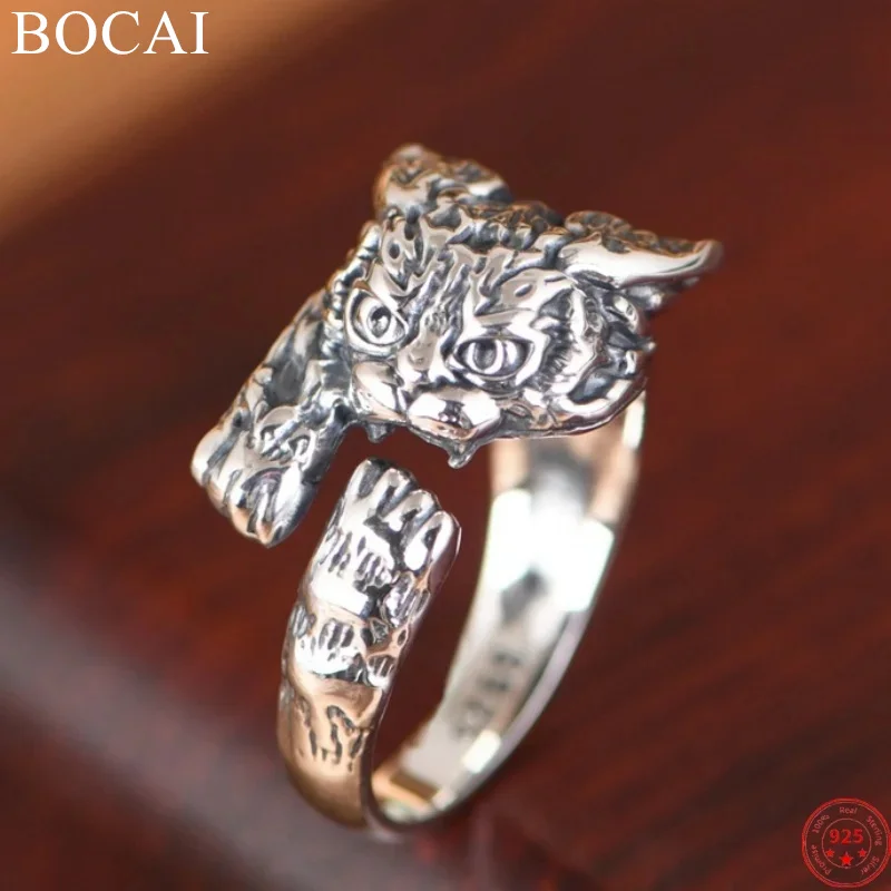 BOCAI S925 Sterling Silver Charms Rings for Women Men New Fashion Retro Emboss Cartoon 3D Cat Punk Jewelry