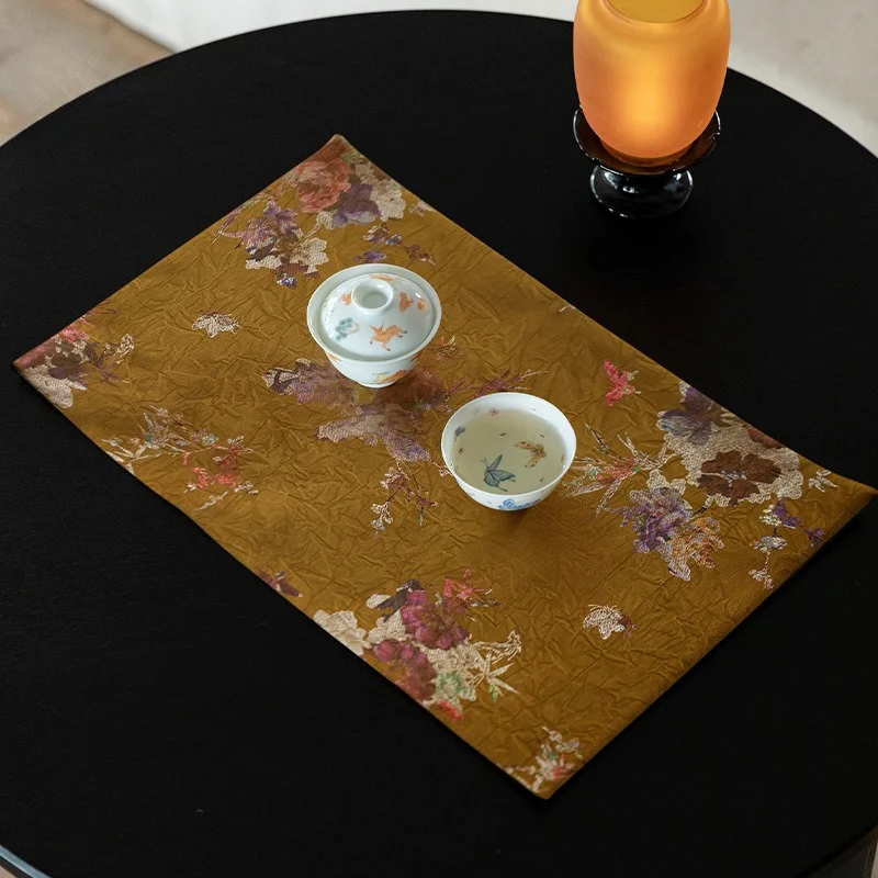 Zen Hand Woven Gold Silk Waterproof Tea Mat Heat Insulation Pad Dry Brewing Kung Fu Accessory Home Tea Side Table Fabric Decor