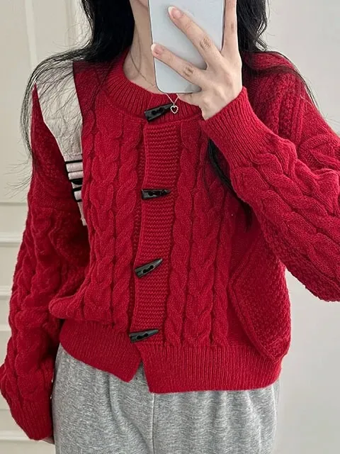 Red Knitted Sweater Coat Women's Simple Style Autumn Winter Retro Korean Version Twist Horn Button Casual Versatile Open Card...