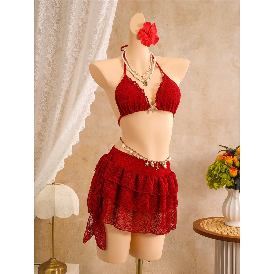 Mit Rüschenrock, Neckholder-Bikini, Damen-Badeanzug, dreiteiliges Bikini-Set, gepolsterter Badeanzug, Badebekleidung, Badeanzug V8400 – Detail 11