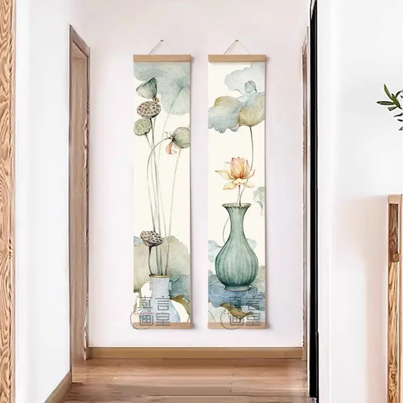 

apanese Vintage Sumi-e Banana Lotus Tapestry Wall Hanging, Narrow Scroll Art for Hallway Tea Room Living Room Background Decor