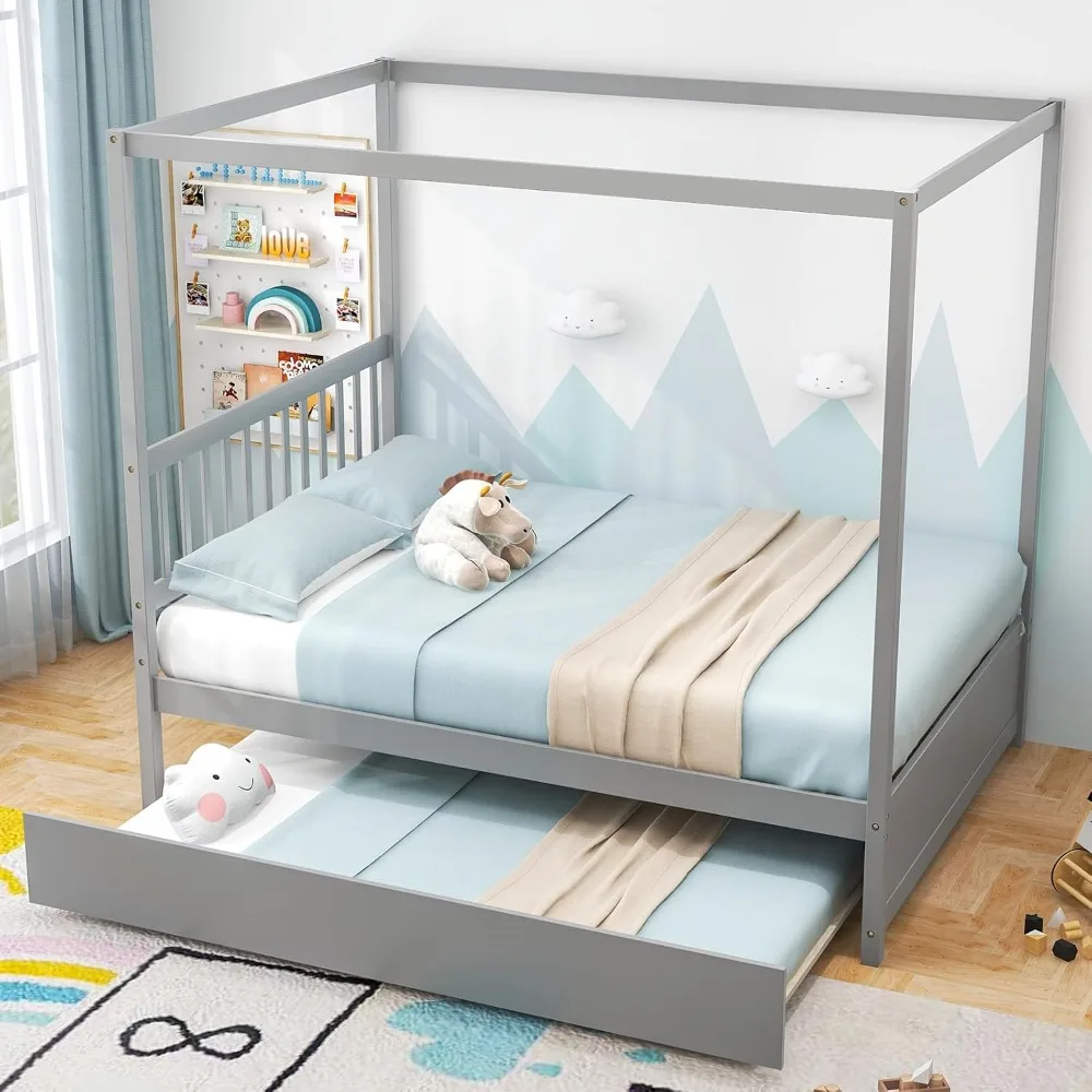 

Wood Canopy Bed with Trundle, Full Size Kids Solid Wood Platform Bed Frame with Headboard, Modern Space Saving Full Bed with