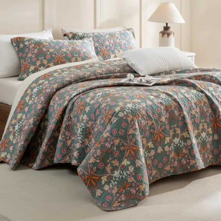 

100% Cotton Floral Quilt Sets Queen Bedding Set 90"x98" -3PCs Luxury Paisley Botanical Flower Printed Quilted Bed Set Soft Ligh