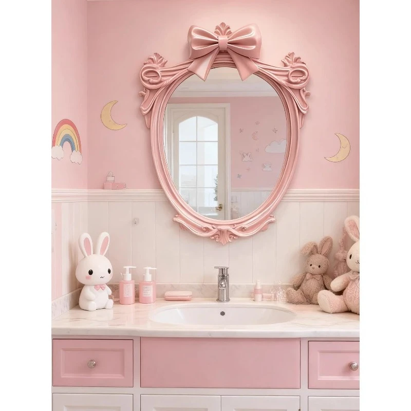 Princess Girl Ins Wind Bathroom Mirror Wall Hanging Pink Vanity Mirror Home French Bow Decoration
