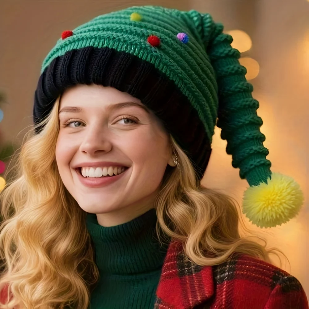Green Knit-Like Christmas Santa Hat - Red & White Striped Beanie with Multicolor Pom-Pom (No Feathers), Unise Cap for Men & Wome