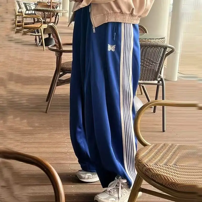 25ss Casual Nee dles Wide Leg Sweatpants Men Women 1:1 Butterfly Embroidery Striped Pants Jogger Drawstring Blue Trousers