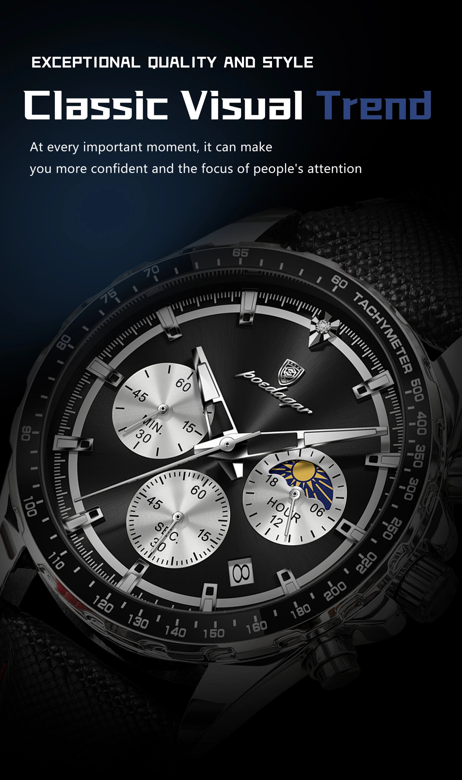 POEDAGAR Top Original Herrenuhren Leuchtend Wasserdicht Modische Männeruhr Leder Chronograph Datum Quarz Sport Herren Armbanduhr – Detail 15