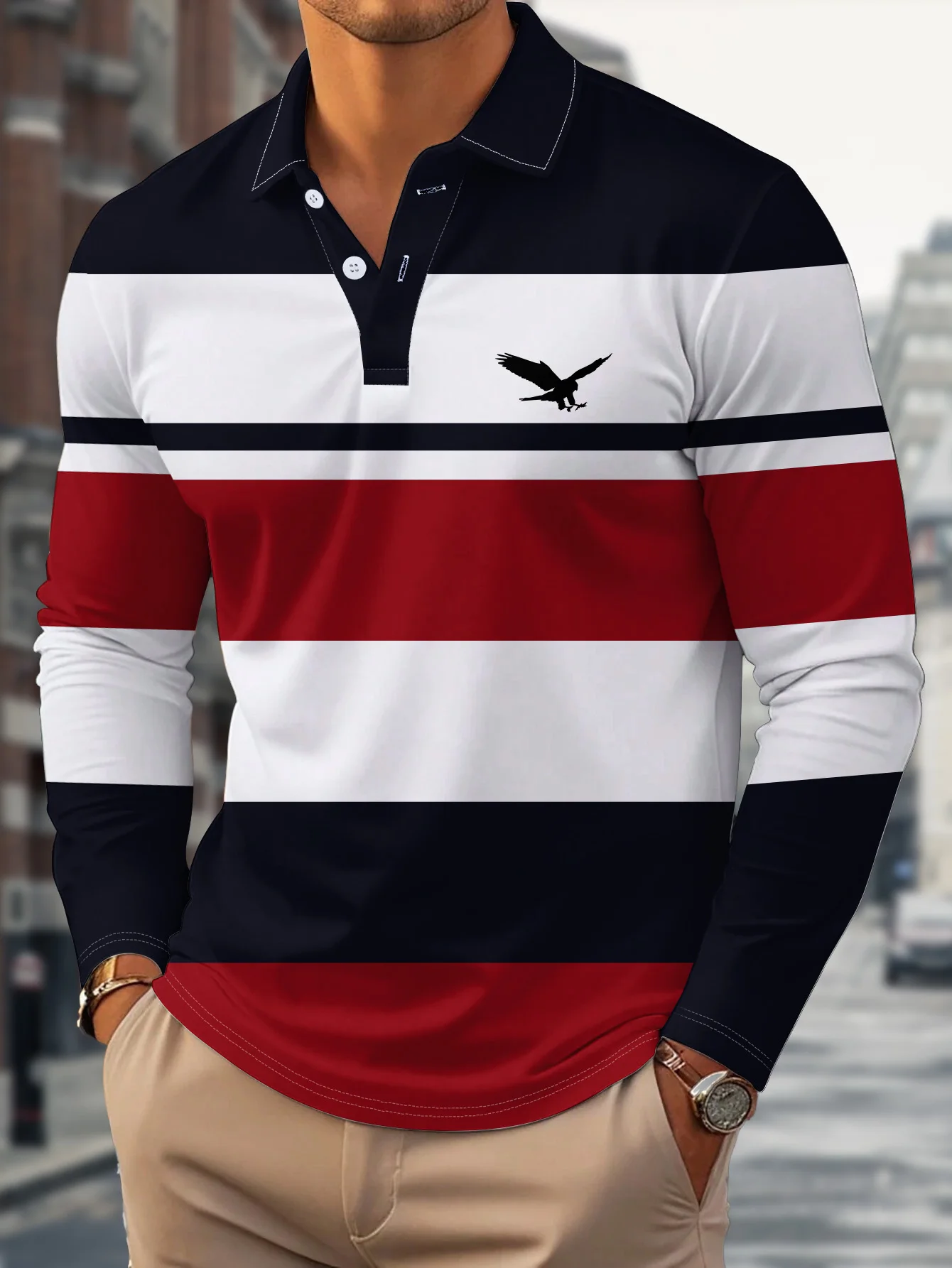 New Men's Stylish Autumn Polo Shirt Minimalist Striped Print Button-Front Polo Suitable for Business Casual Outdoor Sports