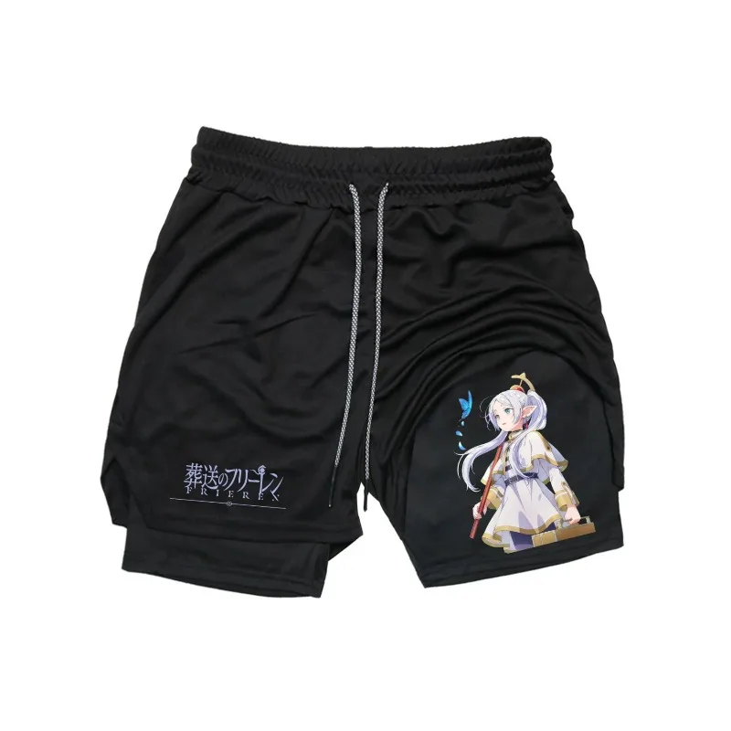 Frieren Print Men's Shorts Summer Double Layer Letter Print Quick Drying Pants Fitness 2in1 Tracksuit Sportswear Workout Short