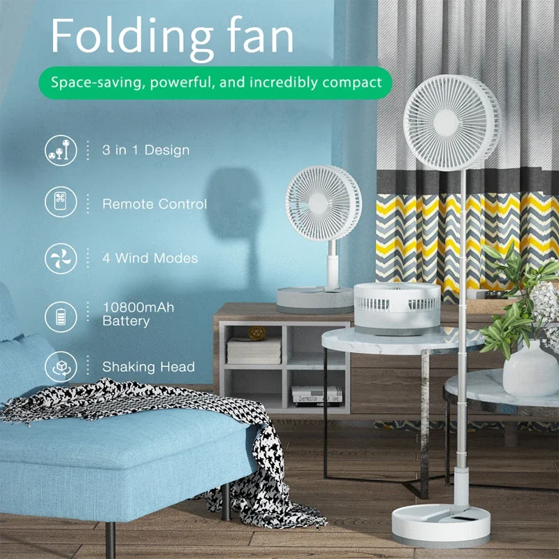 P10 Ventilador Portátil Dobrável com Controle Remoto, Refrigerador de Ar Silencioso, USB Recarregável, Sem Fio, De Assoalho, Portátil, Camping, 10800mAh