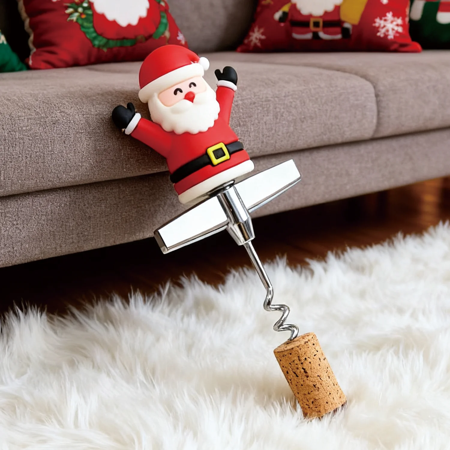 PVC Santa Claus Wine Opener - Threaded Cork Remover / T-Bar Christmas Wine Accessory