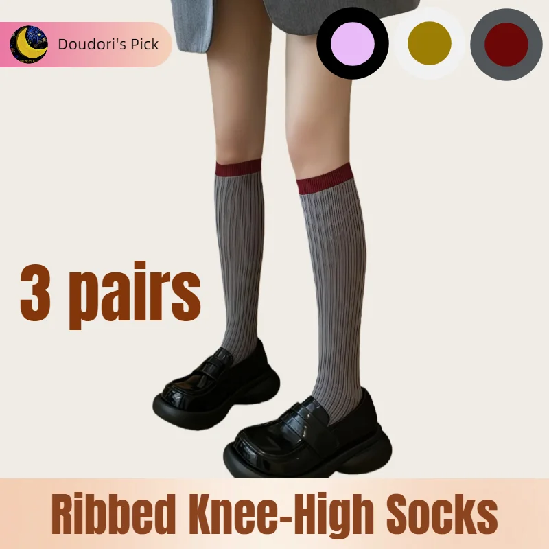 Japanese Preppy Style Women's Striped Color-Blocked Ribbed Knit Knee-High Socks