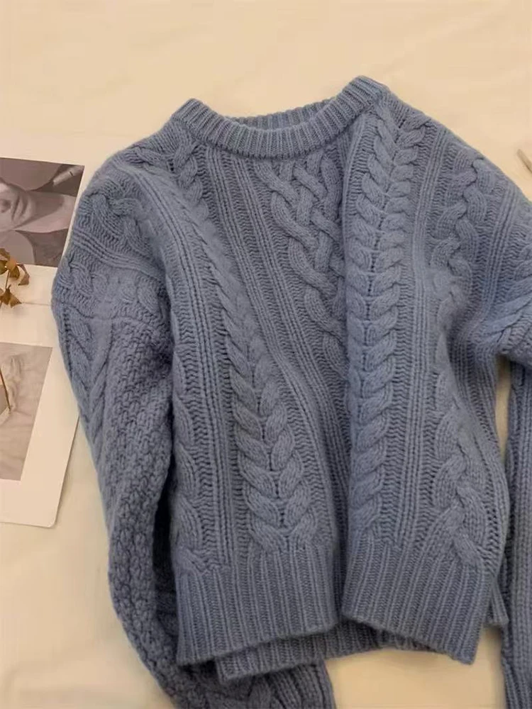 

Autumn Knit Sweater for Women Korean Loose Lazy Style O Neck Pullover Y2K Thick Warm Thread Knitting Jumper Mujer