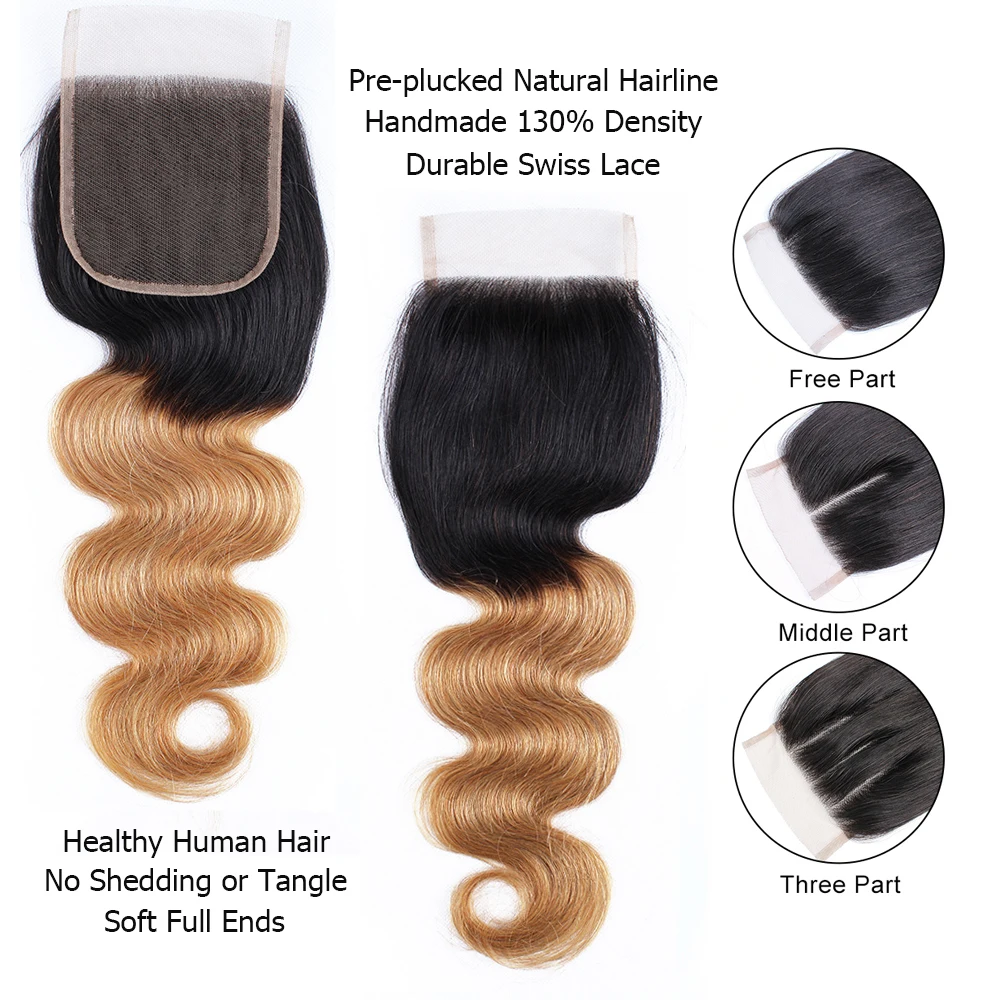 MOGULHAIR-Mèches Body Wave Brésiliennes Naturelles Remy, Blond Miel Ombré, avec Closure, 4x4, Dentelle Transparente 1B 27