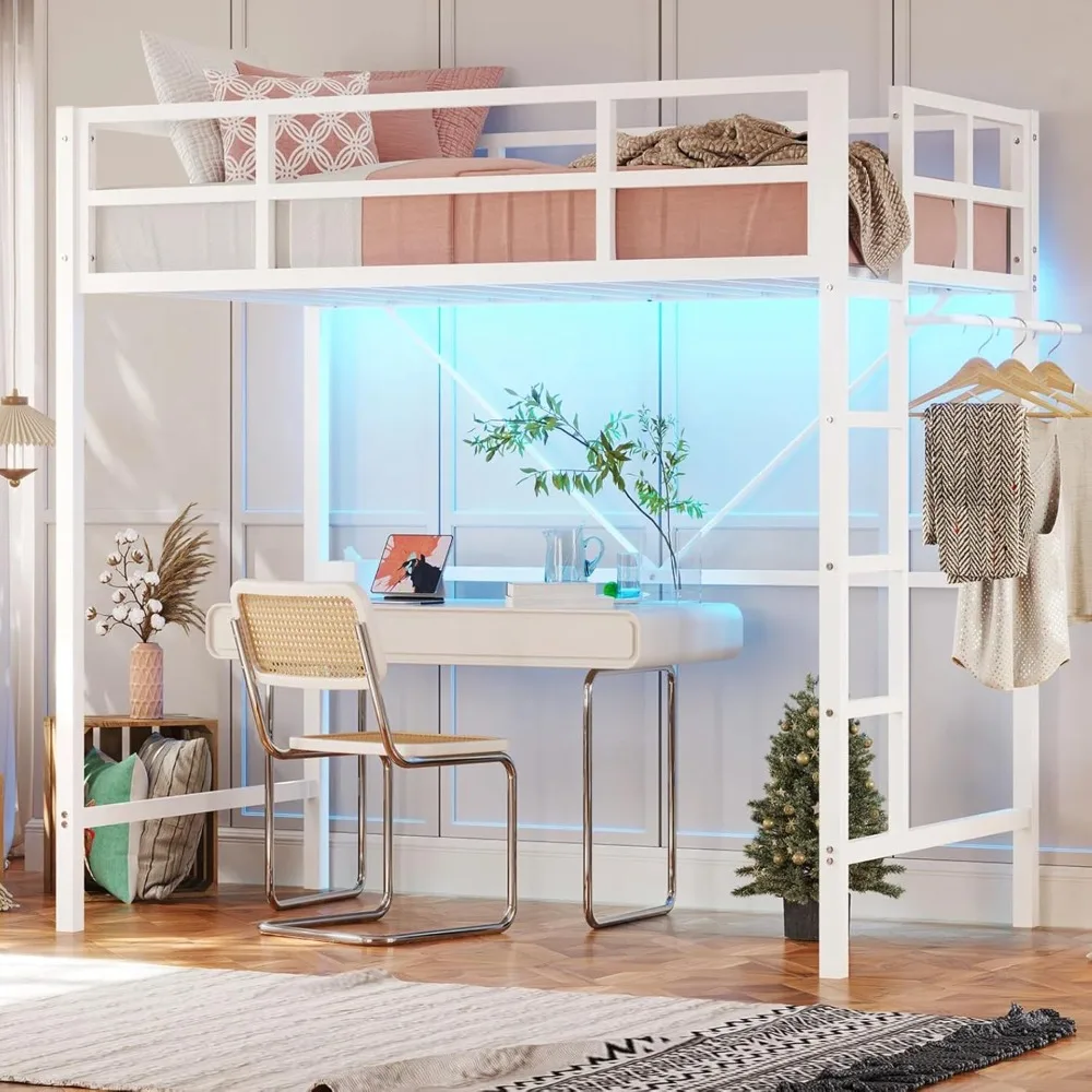 Loft Bed Twin Size with Led Lights Heavy Duty Metal Junior Twin Loft Bed Frame with Full-Length Guardrail and Ladder, Noi