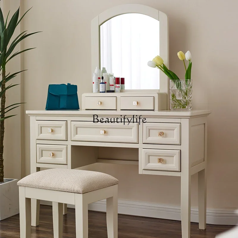 

Modern American light luxury rural pastoral Korean Mediterranean cream style all solid wood dresser makeup stool combination