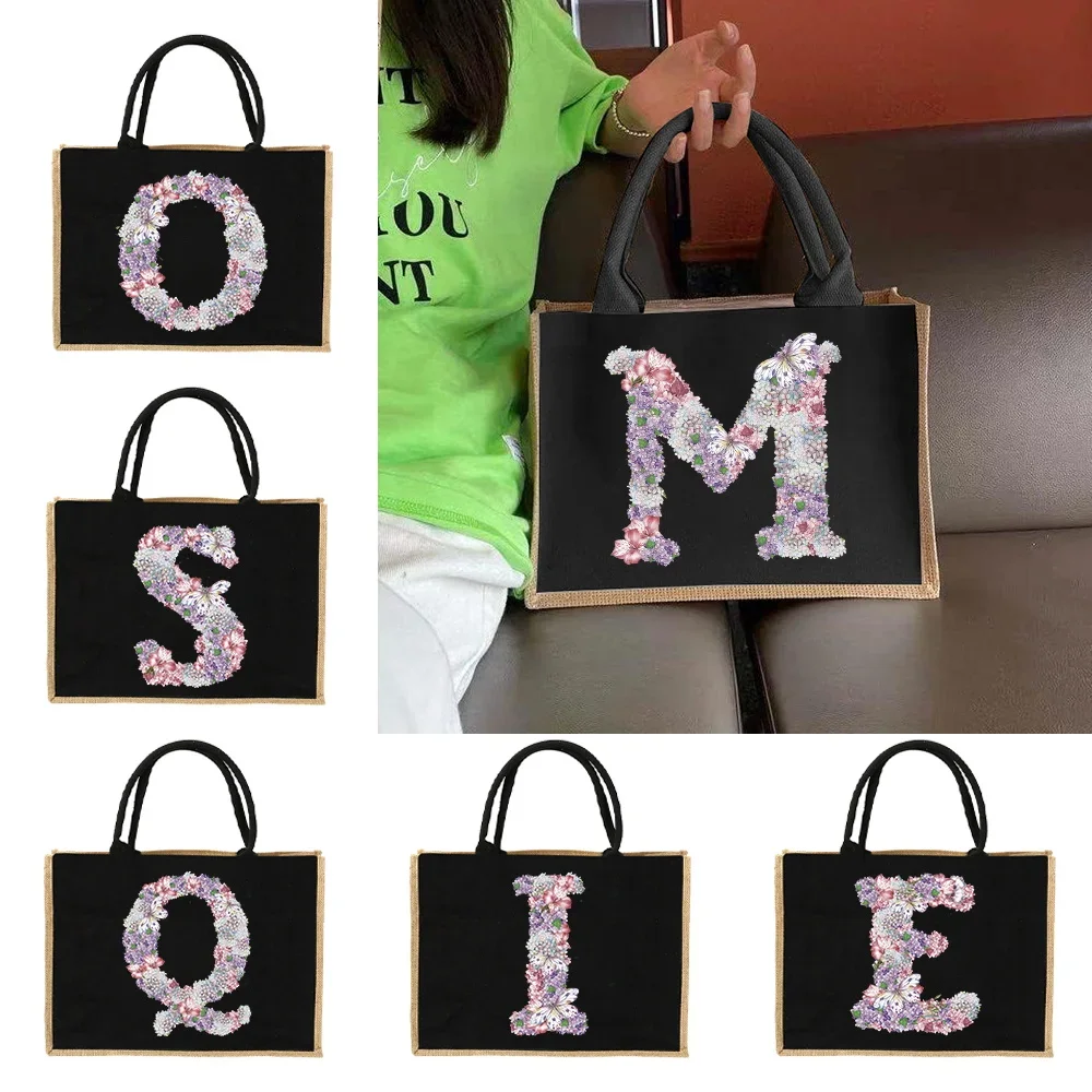 Linen Tote Shopping Bag Rose Flower Pattern Burlap Hand-painted Women's Carrying Shoulder Bag for Travel Picnic Camping