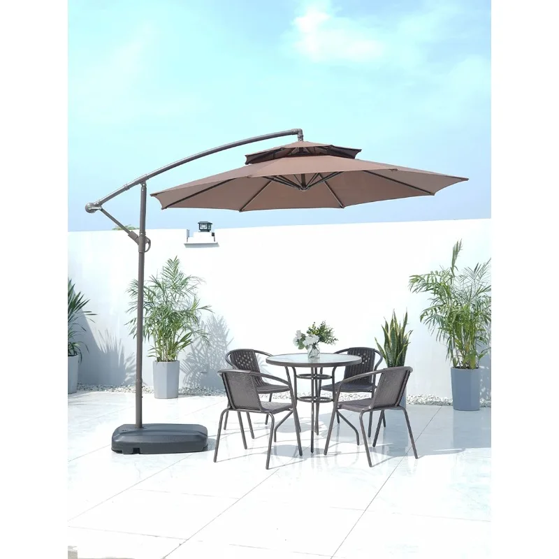 

Customized tea coffee shop outdoor leisure tables and chairs with umbrella balcony backrest rattan chair five-piece stacked.