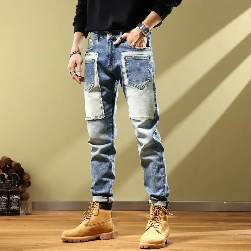 Men's Jeans Spliced Trousers Buggy Man Cowboy Pants Motorcycle Tight Pipe Elastic Stretch Skinny Slim Fit Aesthetic Cotton Xs