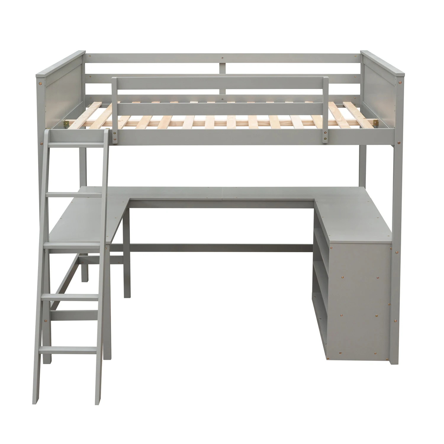 Full Size Loft Bed with Shelves and Desk, Gray Wooden Loft Bed - Optimized Storage Solution