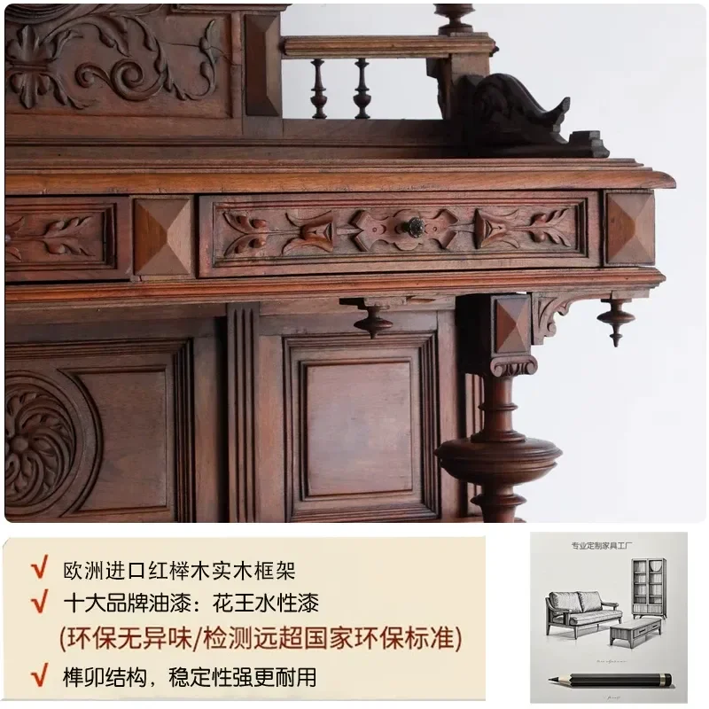Retro Solid Wood Dining Side Cabinet Neoclassical Living Room Wall Locker American Light Luxury Antique Display Storage Unit