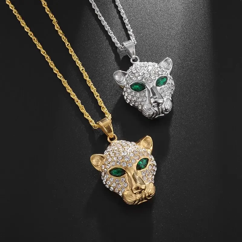 Fashion Hip Hop Zircon Jaguar Green Eye Gemstone Versatile Pendant Necklace for Men and Women Daily Party Versatile Jewelry