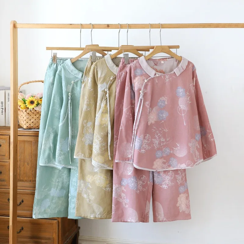 

2025 Thin Women's Pajamas Plus Size Single-layer Cotton Yarn Loungewear Long Sleeves Trousers Chinese Retro Style Home Clothes