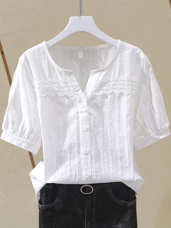 

Fashionable V-neck Cotton Lace Shirt Short Sleeve Women's Top Breathable Comfortable Straight Cut Knitted Original Design Sum...