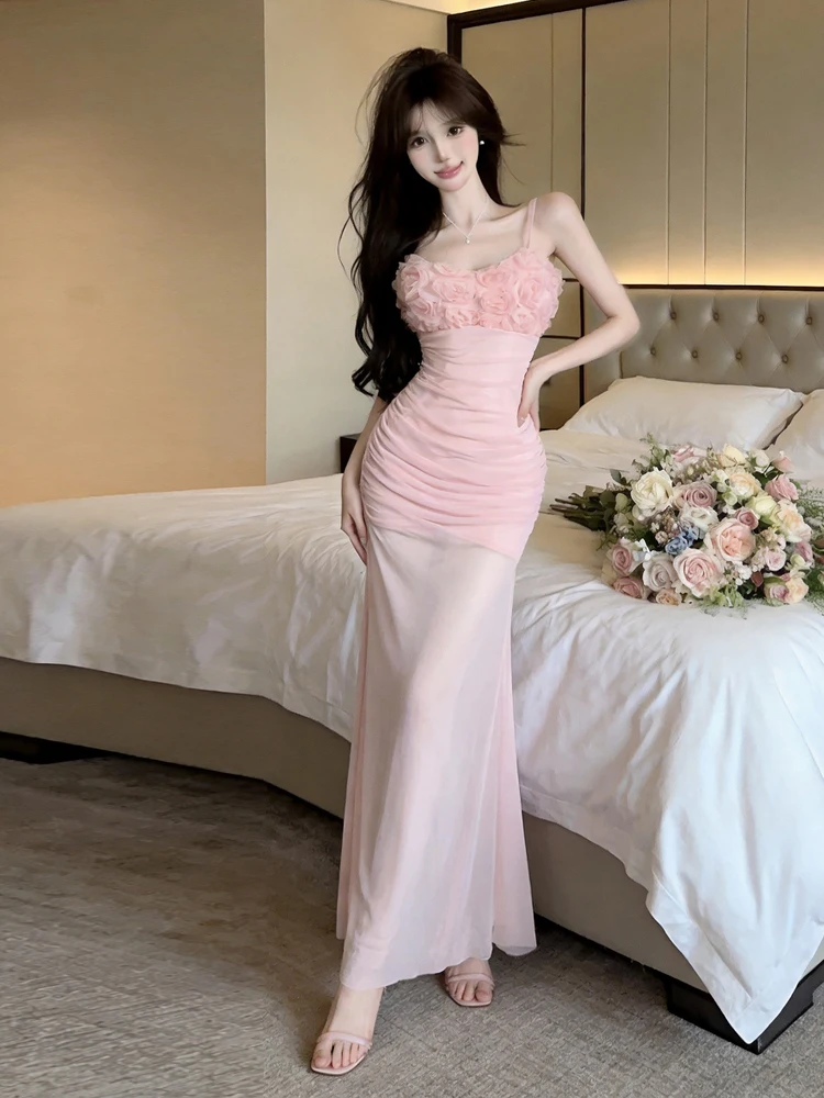 Sweet 3D Flower Lace Folded Strap Backless Slimming Fish Tail Dress French Style High Waist Summer Casual H-Shape Silhouette