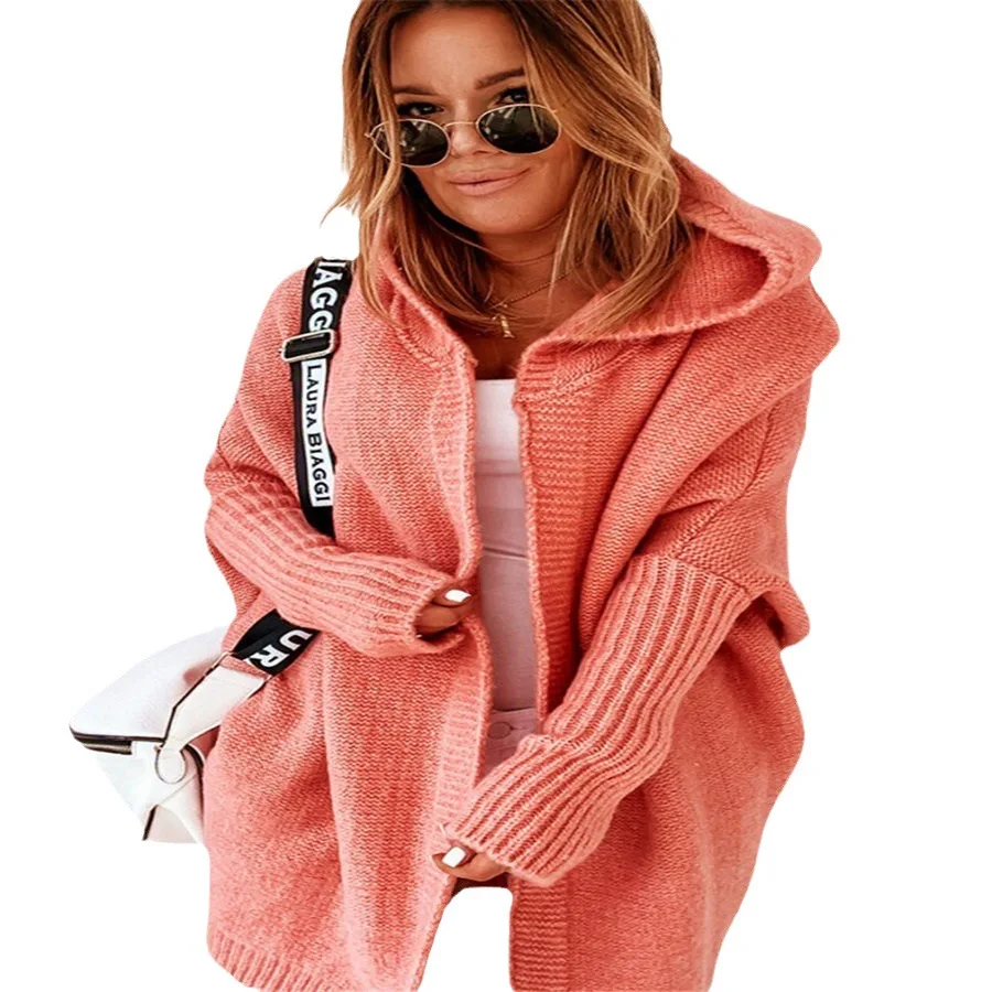 Knit Sweater Coat Women Autumn Winter Loose Knitted Long Cardigan Loose Hoodies Casual Elegant Solid Color Jacket Office Lady