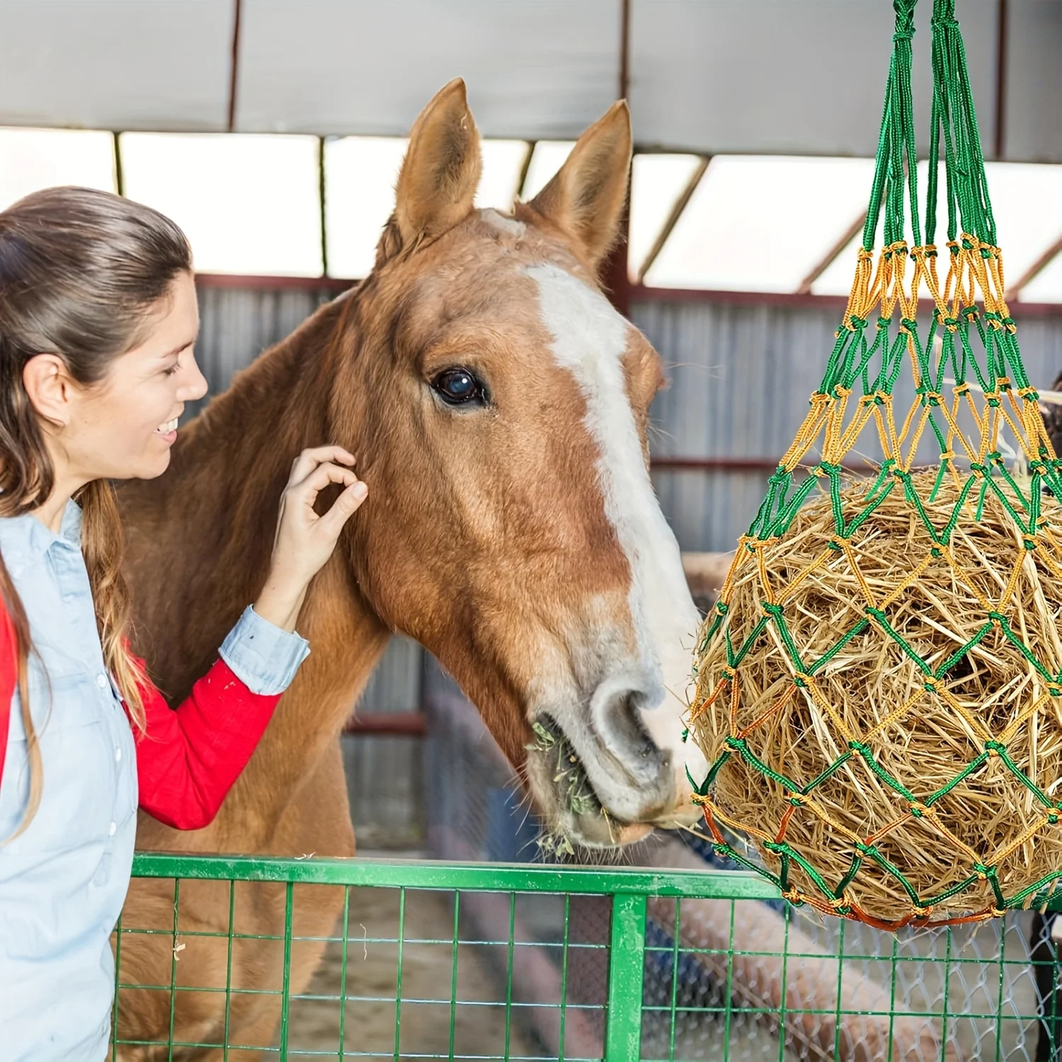 Slow-feed hay bag, suitable for horses, goats, and donkeys, 33 inches long, designed for hanging in trailers and stables (black