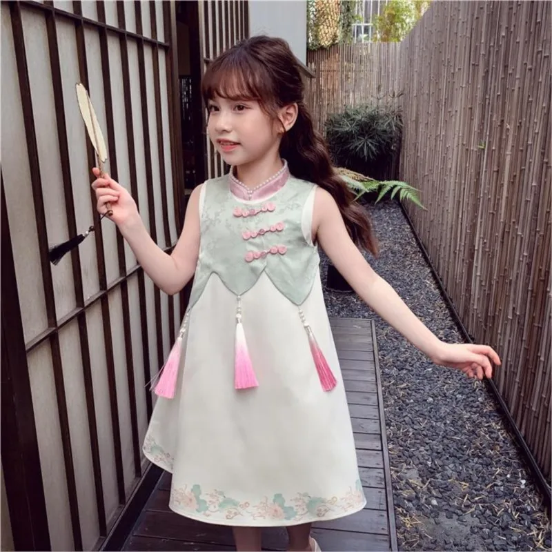 Girls' Chinese Style Cheongsam Skirt Summer Sleeveless Dress 2025 Chinese Style Children's Dress Girls' Retro Vest Skirt LH109