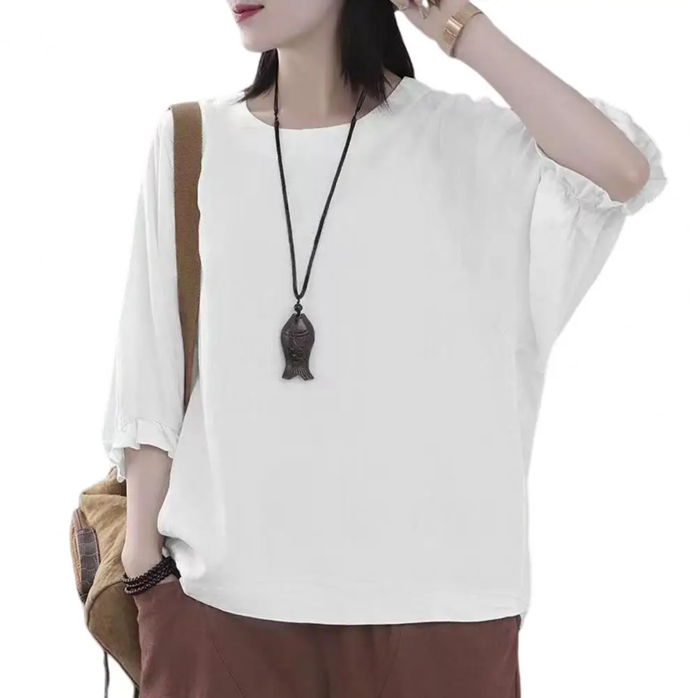 เสื้อสวมหัวกลมแขนสามส่วนของผู้หญิงเสื้อผ้าสตรีเสื้อยืดท็อปแบบตัวสั้นฤดูใบไม้ผลิและฤดูใบไม้ร่วง