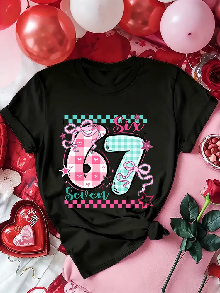 

Coquette Bow 67 Trend Couples Tshirt Sweet Six Seven Number Graphics Women Men Fashion Shirt Wife Husband Fun Lovers T-shirts