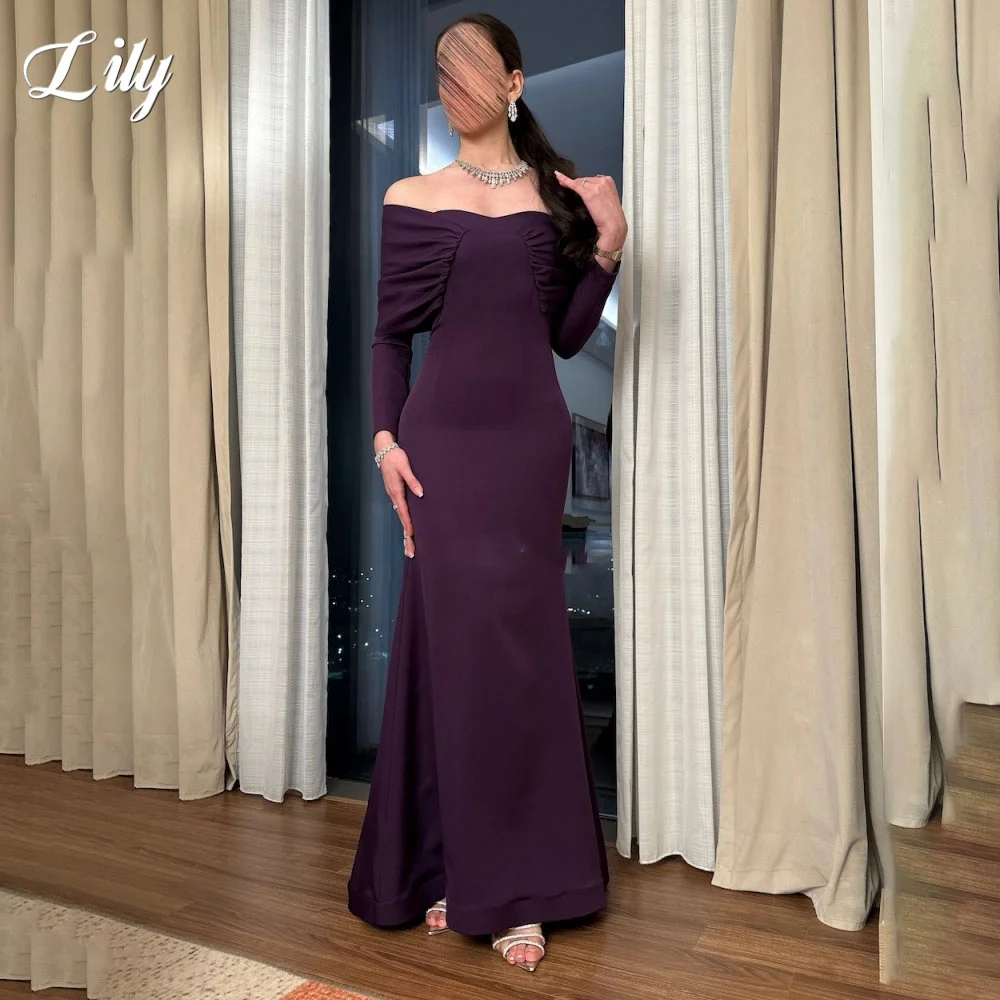 ชุดเดรสปาร์ตี้ลูกไม้สีม่วงมรกตแบบจีบระบาย แขนยาว ทรงเอไลน์ ชายกระโปรงแบบไม่สมมาตร  ชุดราตรีงานกาล่า  สามารถสั่งตัดได้