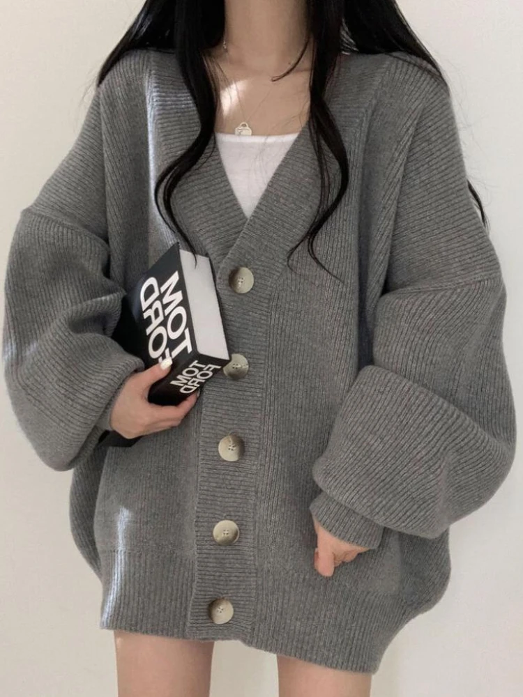 Cárdigan holgado para Mujer, prendas de vestir de punto cálidas con cuello en V, ropa informal de calle alta, ropa de moda coreana de temperamento suave para Mujer