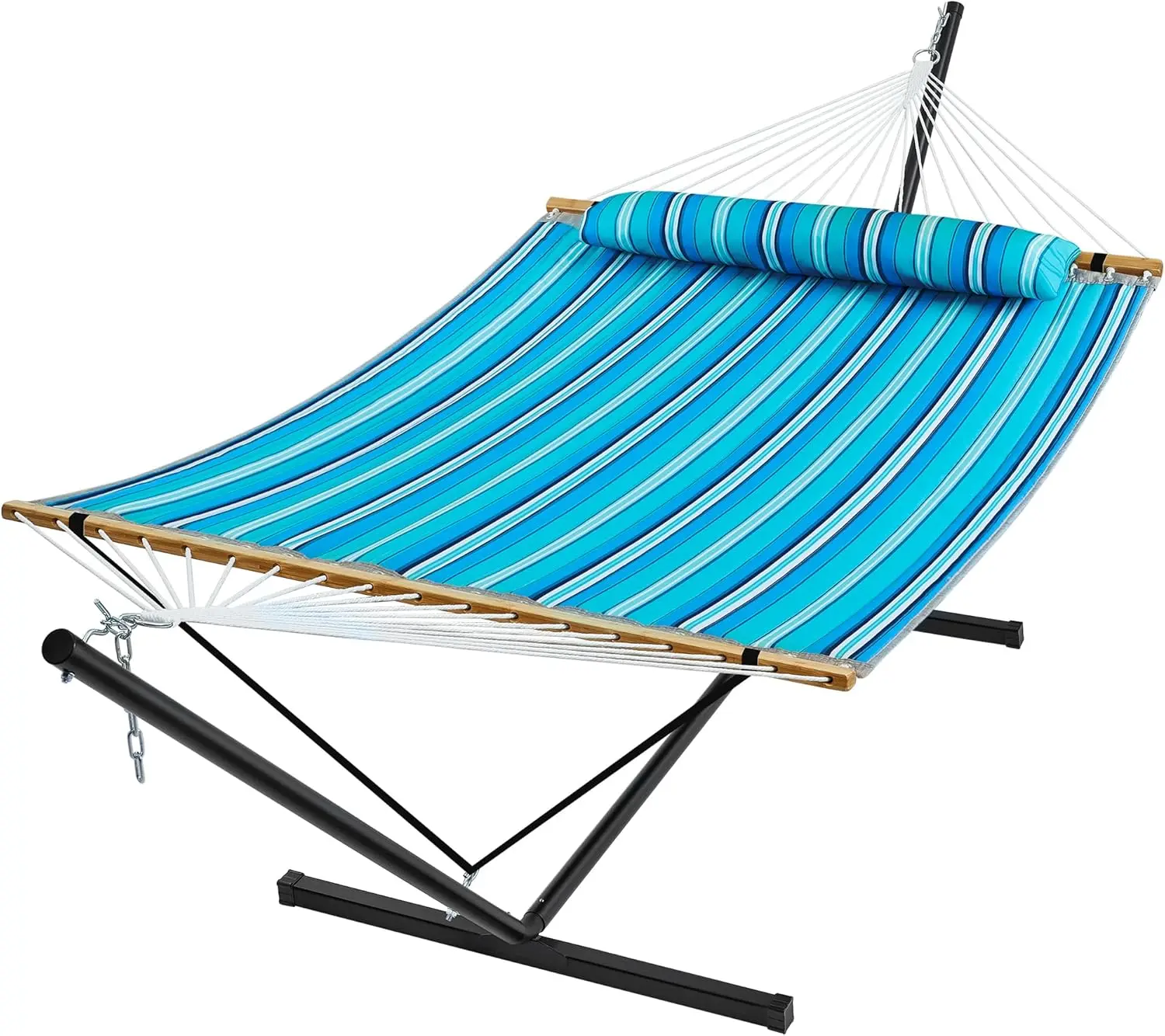 Hammock with Stand, 2 Person Quilted Outdoor Hammock, Detachable Pillow & Bamboo Spreaders, Portable Hammock with Carrying Bag,