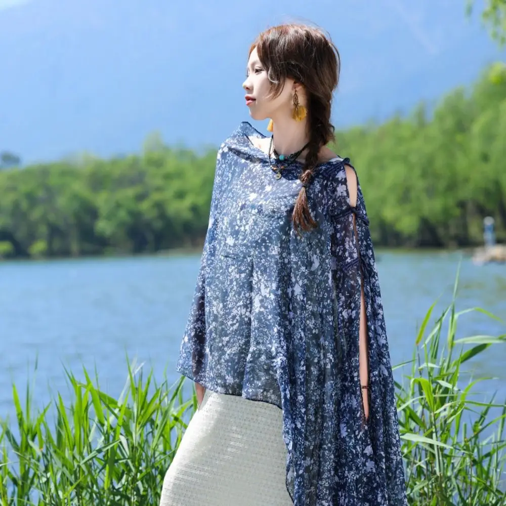 

Fashion Sun Protection Ethnic Style Shawl Wraps Floral Sunscreen Shawl Chinese Style Button Thin Beach Scarf Beach