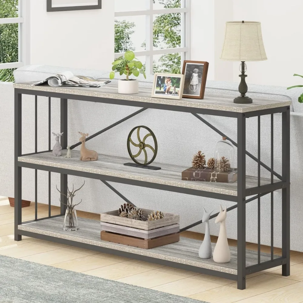 Farmhouse Industrial Console Table, Wood Metal Foyer Entryway Sofa Tables with Storage,