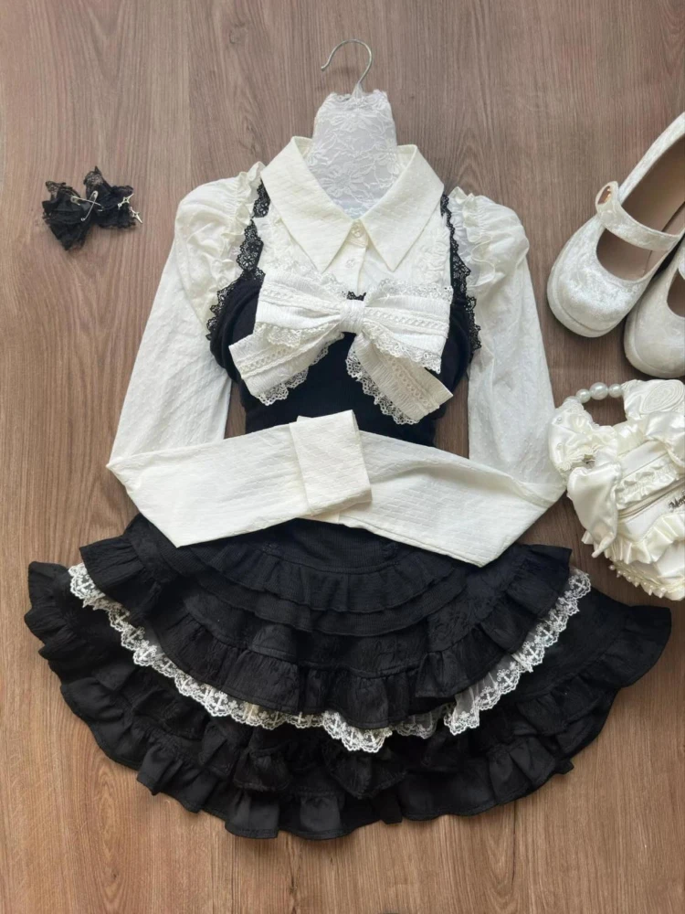 Sweet 3 Piece Sets Women Ruffled Long Sleeve Shirt + Lace Patchwork Bow Vest + Mini Cake Skirts Cute Y2k Aesthetic Outfits Suit