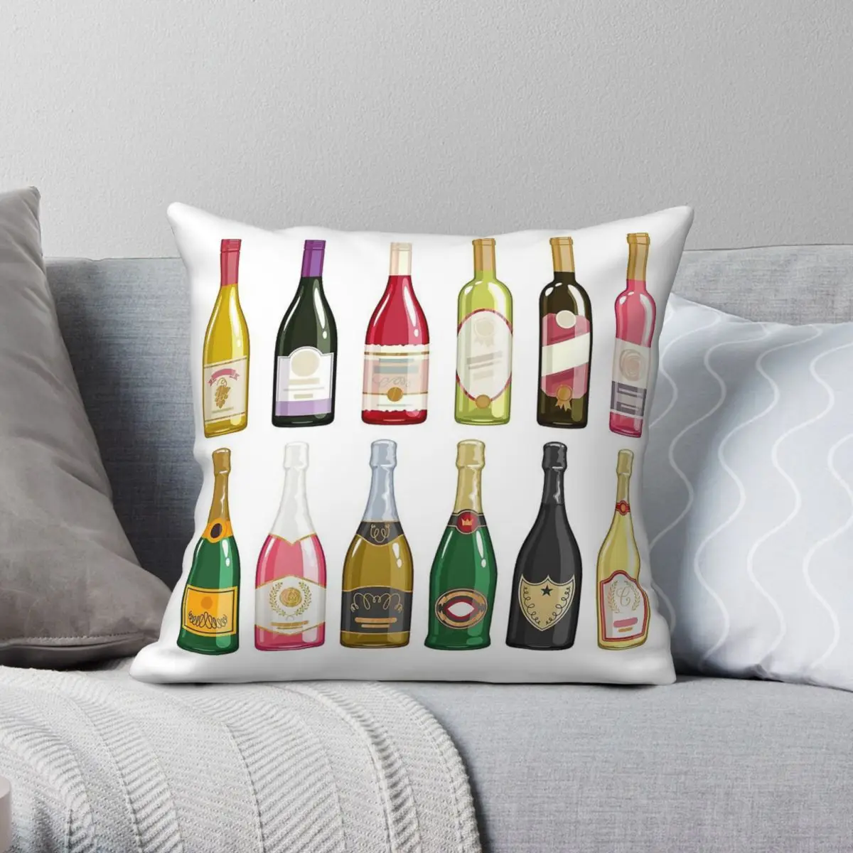 Champagne Wine Bottles Square Pillowcase Polyester Linen Velvet Pattern Zip Decor Pillow Case Car Cushion Cover
