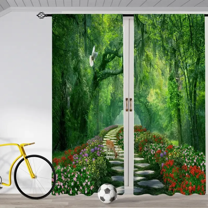 ستائر مطبوعة لمسار الغابة والزهور، ستائر كيس عمود، 42*84، غرفة النوم وغرفة المعيشة، ديكور المنزل، ديكور الغرفة