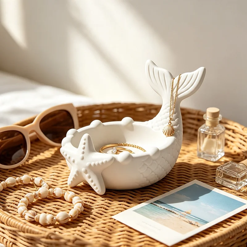 3D Printing Ring Holder - 3Dプリントされた白い人魚の尾の形をした飾り皿、エンボス加工されたヒトデのジュエリートレイ、海岸風の航海彫刻、指輪やイヤリングの収納ホルダー
