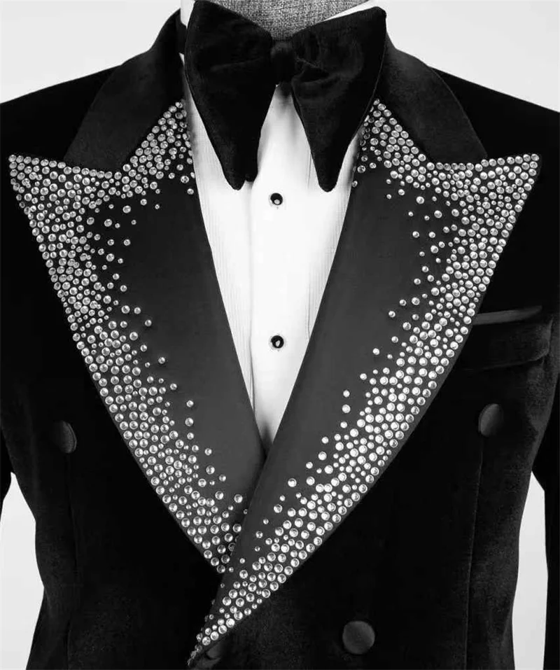 Luxury Crystals Men Suits 2 Pcs Velvet Blazer+Cotton Pant Business Prom Wedding Tuxedo Customized Formal Office Jacket Trousers