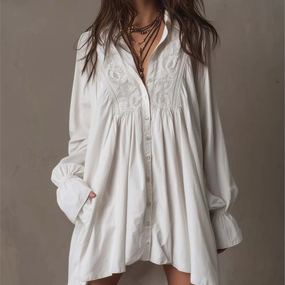 Nuevo Vestido Camisero de Encaje Blanco de Manga Larga para Mujer, Estilo Boho, con Botones, Corte en A, Mini Vestido Casual Holgado para Playa, Fiesta, Estilo Chic