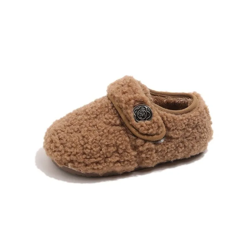 Toddler Fuzzy Fleece Slippers Winter Shoes, Kids Warm Closed Back Slippers with Rose Button, Indoor Shoes for Baby Girls Boys